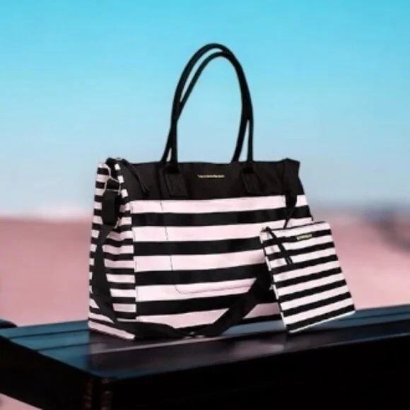 Victoria’s Secret Duffel Bag Black White Pink Stripe Canvas with Makeup Case