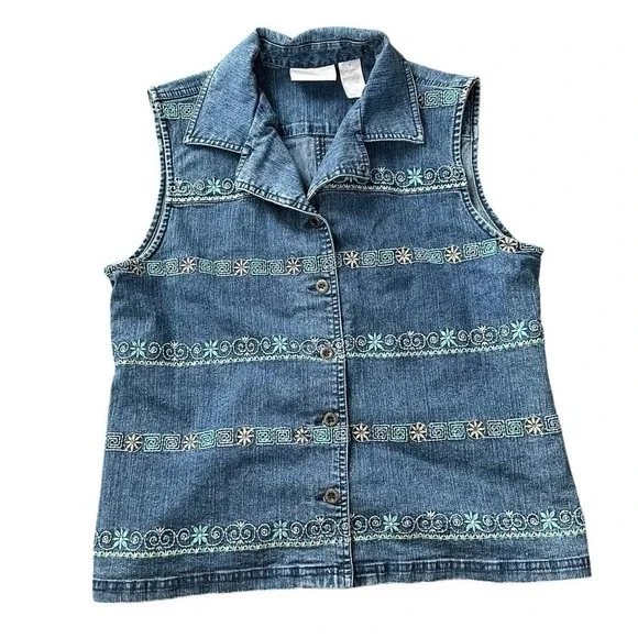 Alfred Dunner Vest Women 8 Blue Denim Button Up Embroidered Boho Hippie Western‎