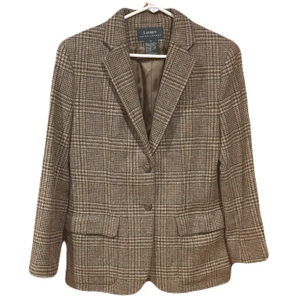 Lauren Ralph Lauren Equestrian Tweed Blazer Pure Wool Tan Beige Sz 6
