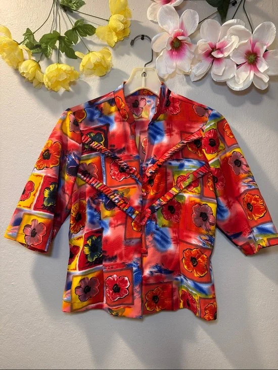 Vibrant Floral Button-Up Top in Red and Multicolor