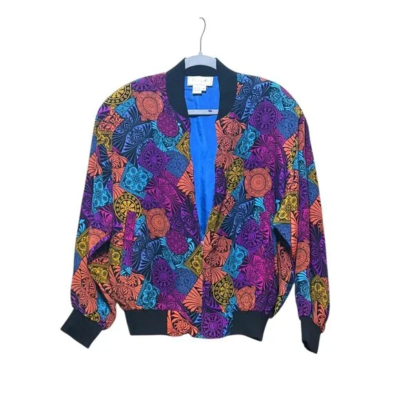 VTG Spencer Jeremy Silk Bomber Jacket M Windbreaker Patchwork Print 100% Silk