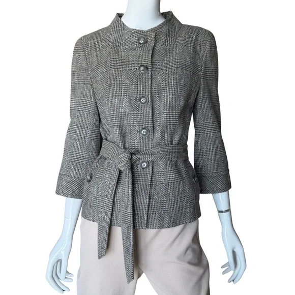 Ann Taylor (Original Ann Taylor) Grey and Black Plaid Wool Belted Jacket Size 8