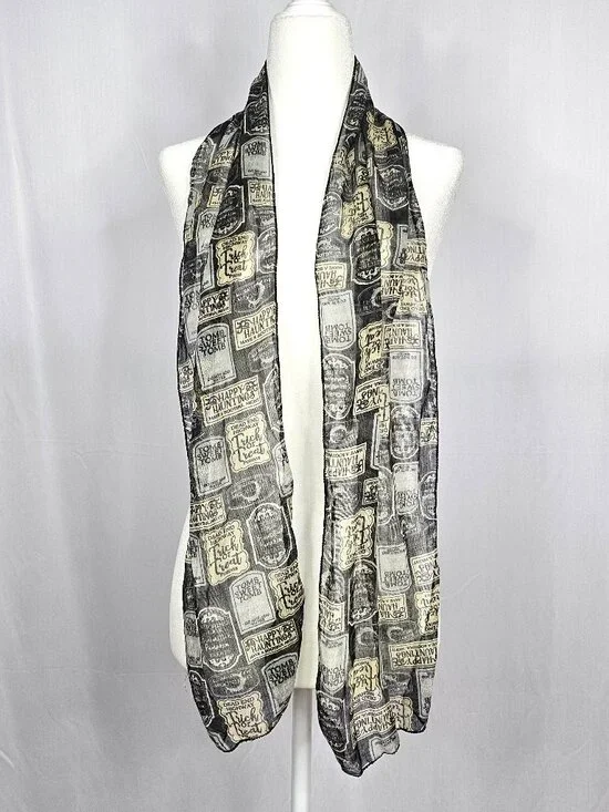 Halloween Scarf | Gothic Tombstone Print | Black Grey Cream | One Size