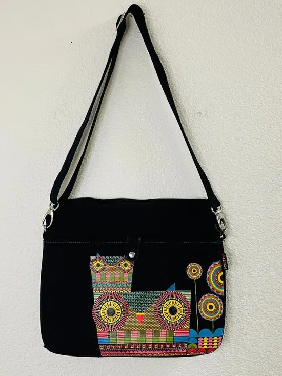 Poketo Geometric Cat Design Black Canvas Messenger Laptop Bag
