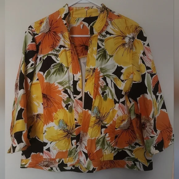 Coldwater Creek Orange Floral Pattern Open Front Lightweight Blazer Sz L
