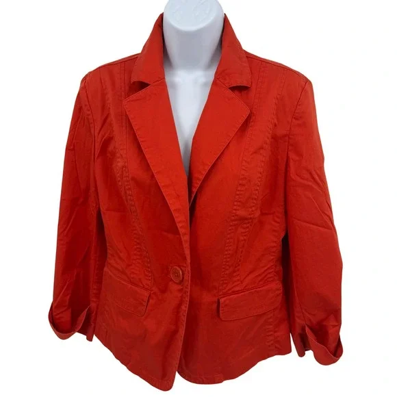 Talbots Women's 10 Blazer Jacket Orange Red Cotton Stretch One Button Classic