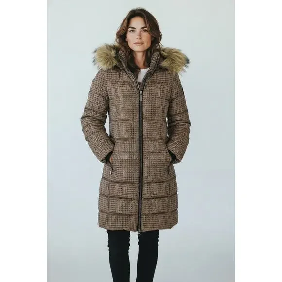 C-RO‎ Denmark Houndstooth 2-Way Stretch Puffer Coat with Faux Fur Hood Size 4