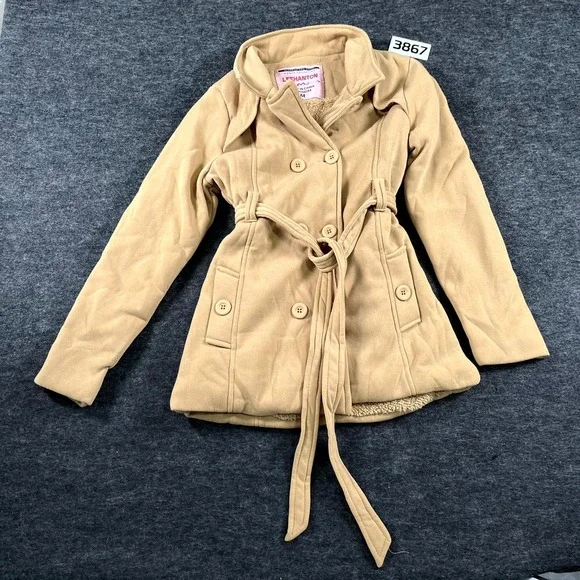Leehanton Coat Womens Medium Beige Fleece Lined Double Breasted Belted Winter