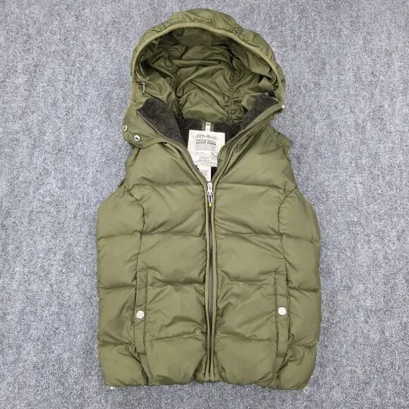 Eddie Bauer Vest Womens XS Green Hooded Goose Down 650 Fill Power Sherpa Lined