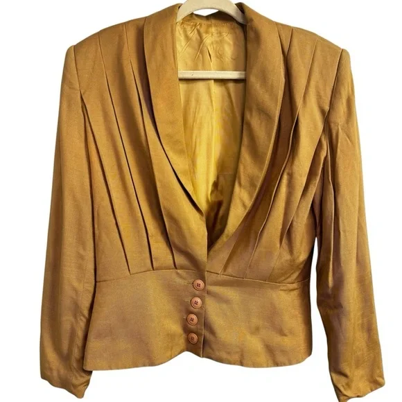 Michelle Stuart vintage y2k ladies structured pleated tan jacket gold size 14