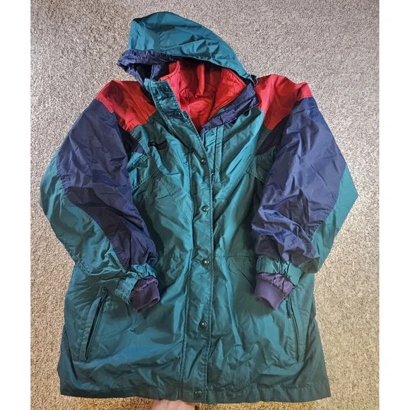 Vintage Columbia Avalanche Ski Jacket Women's Large Teal Red Hooded Coat‎ 90s