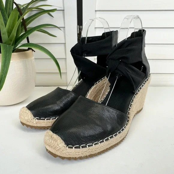 Eileen Fisher Black Wallis Espadrille Wedge Sandals Ankle Wrap Zip Shoe Size 9.5