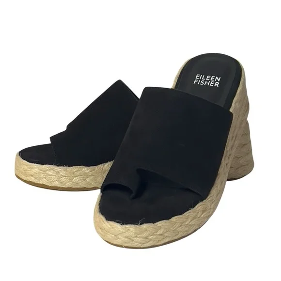 Eileen Fisher Tarry-TN Black Tumbled Nubuck Slide Platform Espadrille‎ 5M