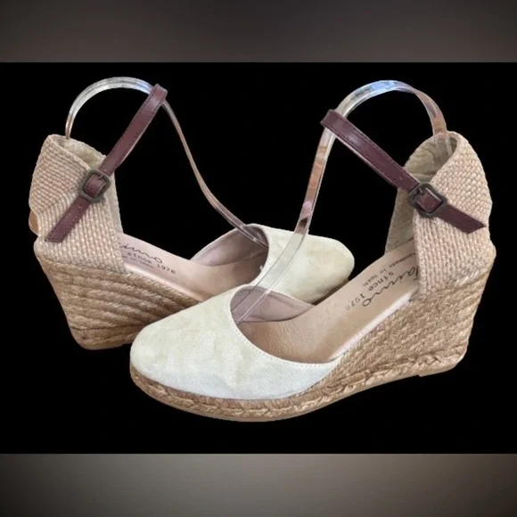 Giamo Anthro beige suede 3” wedge heel espadrilles w brwn lthr strp SZ 8 coastal