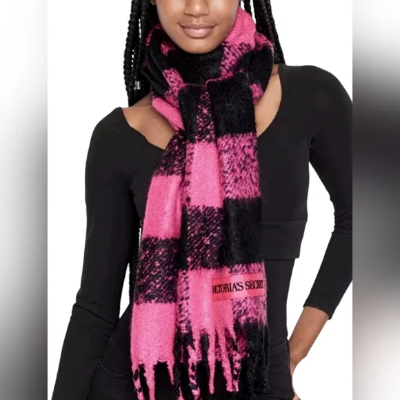 Victoria's Secret Hot Pink Black Buffalo Plaid Soft Knit Fringe Scarf Embroidery