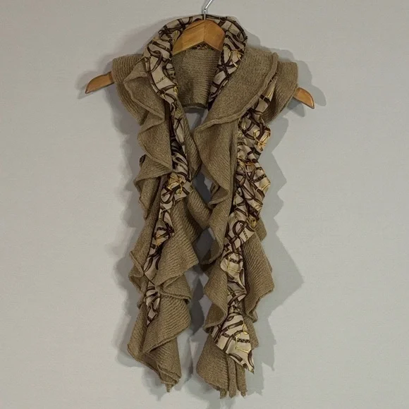 Lauren Ralph Lauren Ruffle Knit Scarf Silk Chain Print Neutral Luxe