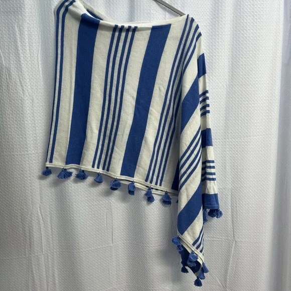 Caroline Grace‎ Women’s Blue & White Stripe Tasseled Cashmere Blend Poncho