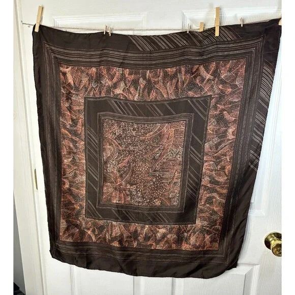 Ladies Scarf 100% Silk Hand Painted & Hand Rolled Brown 31in x 29.5in Abstract