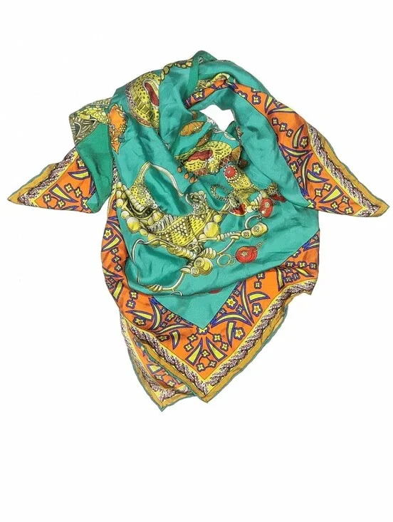 Turquoise & Orange Printed Silk Scarf