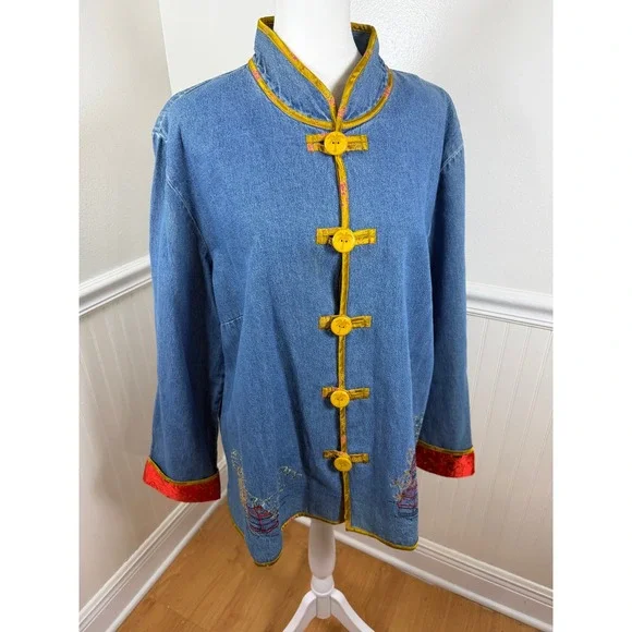 Hearts of Palm Vintage Denim‎ Mandarin Collar Jacket Embroidered Women Size 18