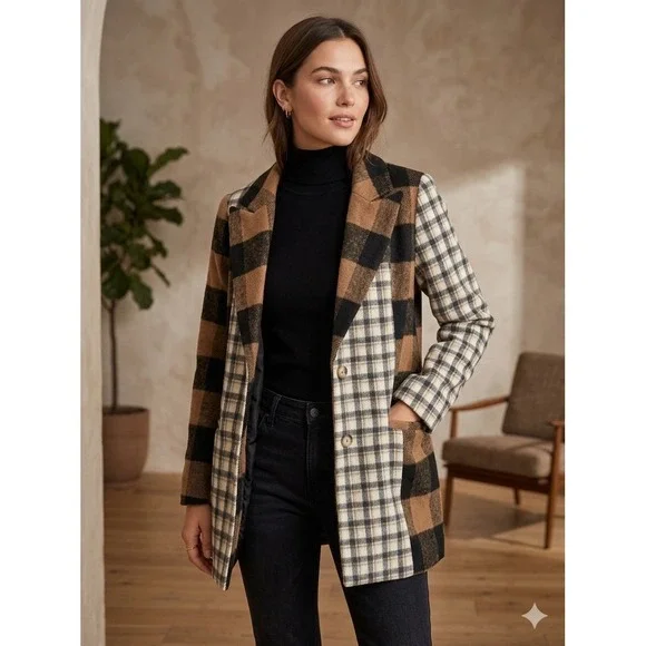 BIBI Mixed Plaid Colorblock Blazer Coat Brown Black Tan Buffalo Check Large