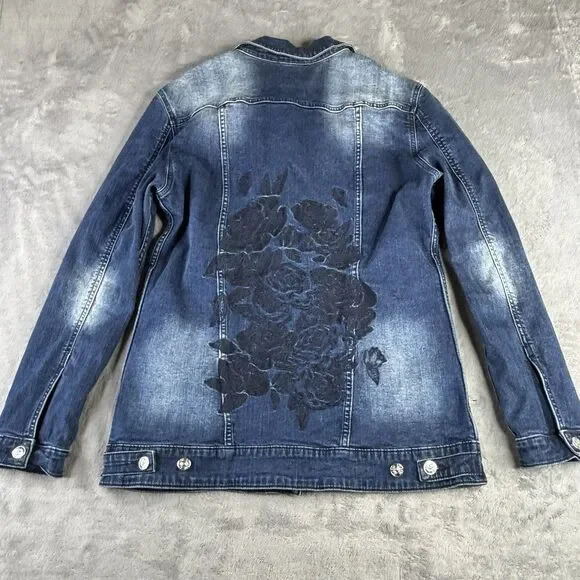 Lularoe Harvey Denim Jean Jacket Embroidered Floral Dark Wash Women Large Button