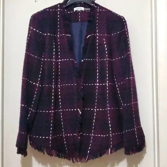 Calvin Klein Women's Tweed Flyaway Jacket, Purple Black Sz 14 Preppy Academia
