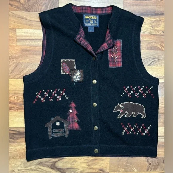 Woolrich 100% Boiled Wool Button Front Vest Sleeveless Cabin Lodge Black Size L