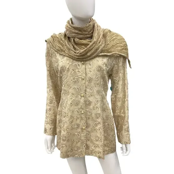 VTG Set Women’s Size M Scarf+Blazer Silk Gold Tone Knot Buttons Embroidered Gold