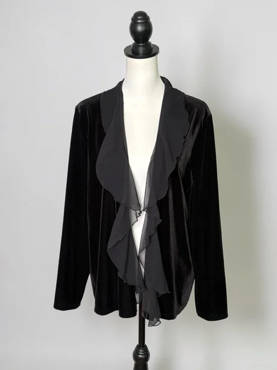 NWT Chicos Travelers Velvet Chiffon Ruffle Trim Jacket Black Size 2 / Large