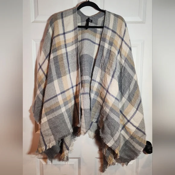 Modena Plaid Fringe Knit Wrap Shawl - Gray, Cream & Taupe One Size