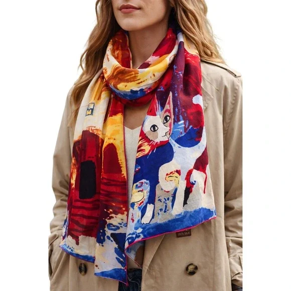 Vintage Style 100% Silk Cat Art Scarf Whimsical Painterly Graphic Red Blue 59x16