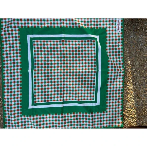 Christian Scarf Womens OS Green Gingham Check Vintage Square Neck Hair Wrap Good
