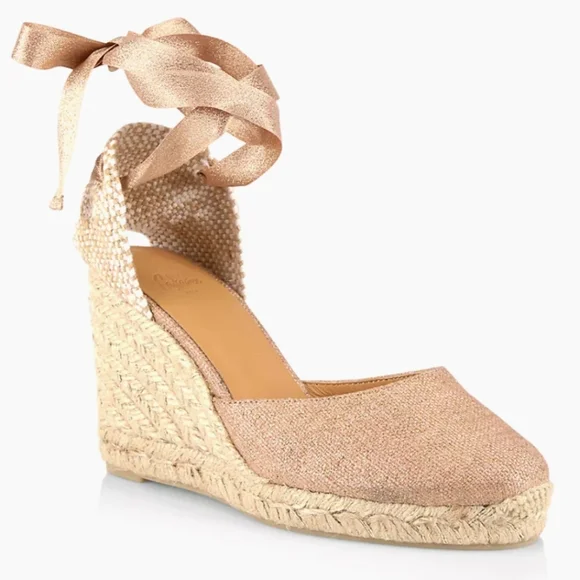 NWB Castaner Carina Sand Canvas Espadrille Wedge Ankle Tie Sandals 10 Jute Heels