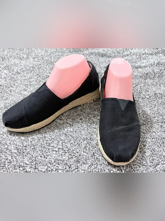 Bobs Skechers Espadrille Slip On Black Canvas Shoes Women 8.5 Wedge Memory Foam