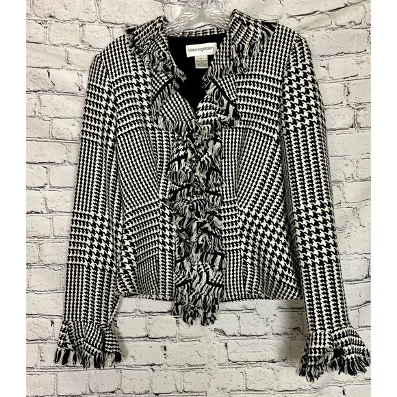 Bloomingdale's Women's Houndstooth Black White Woven‎ Ruffle Blazer Jacket