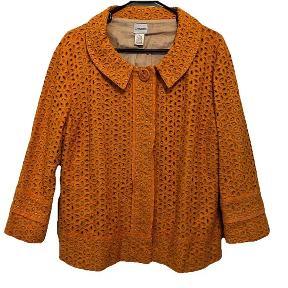 Chico's Orange Blossom‎ 3 Eyelet Linen Blend Jacket Coat Collared Floral Bright