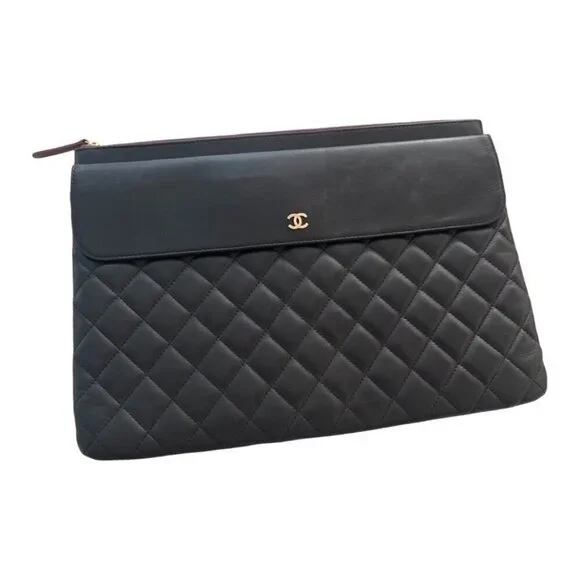 Chanel black leather lambskin leather pocket clutch / laptop sleeve