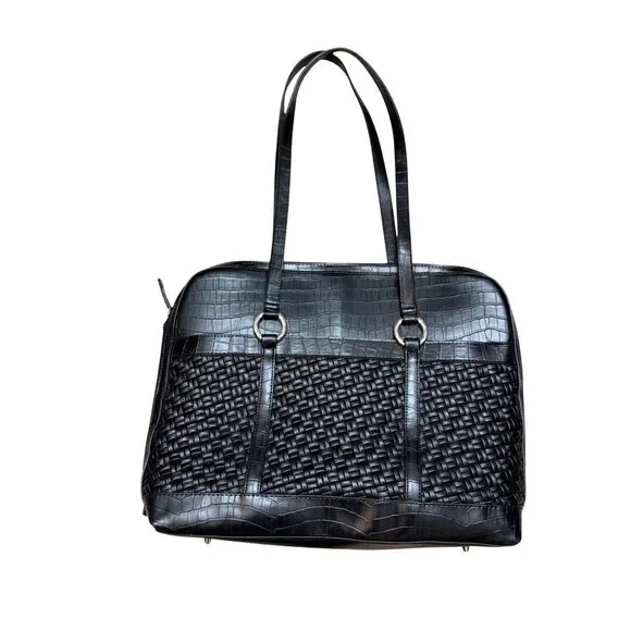Coldwater Creek Women's Tote Handbag Black Woven Leather Hampton Computer Bag