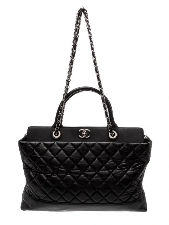 Chanel Be CC Black Aged Calfskin Quilted Dual Handle Tote Shoulder Bag