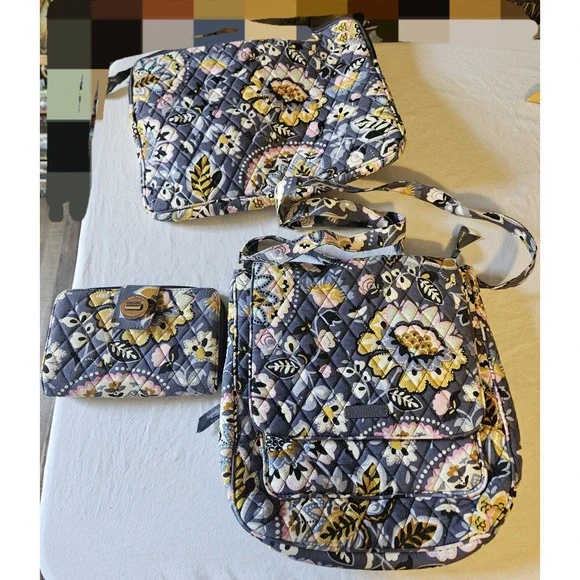 Vera Bradley Floral Quilted Messenger Bag Purse Wallet Laptop Sleeve Bundle Blue