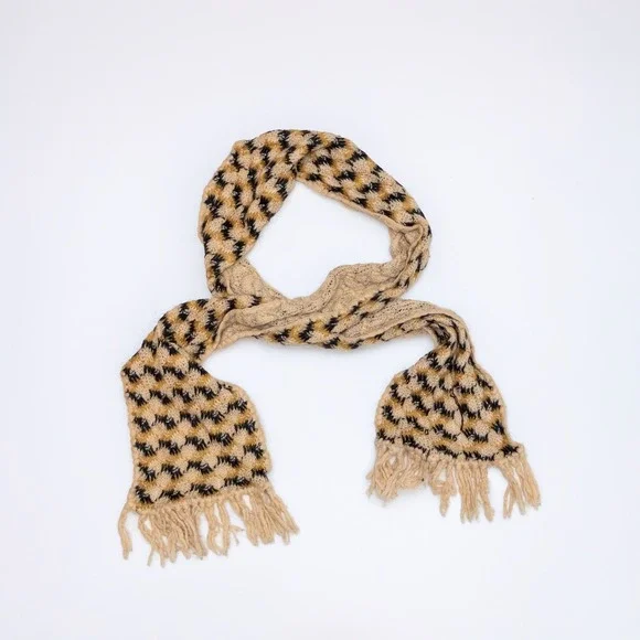 Missoni Beige & Black Patterned Knit Wool Scarf‎ with Fringe Trim