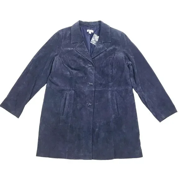 Vtg 90s Blazer Jacket Womens XL Blue Suede Leather Trench Coat Grunge Y2K Goth