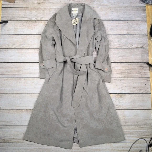 Vintage Sabrina‎ Hand-moor Chicago Faux Suede Gray Trench Coat - Size 6