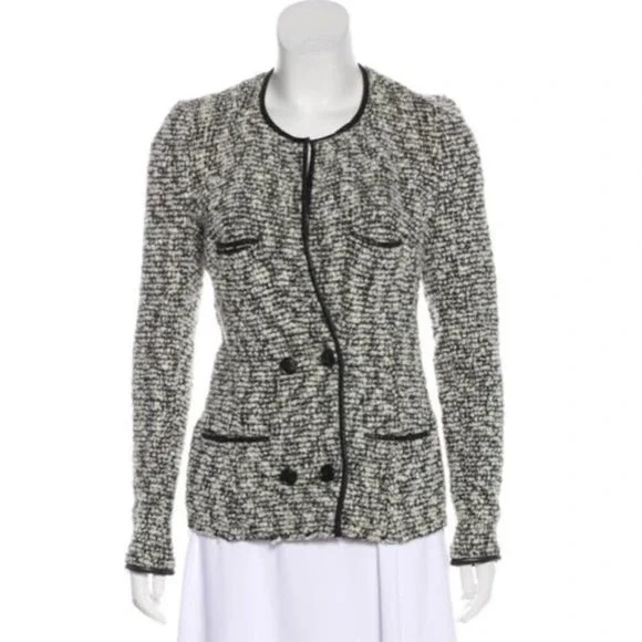 ISABEL MARANT Leather-Trimmed Bouclé Jacket US 4‎ Wool Blend Black White
