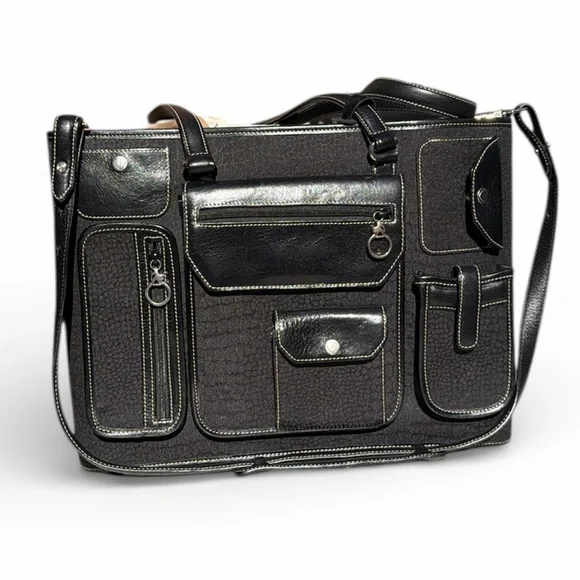 Vintage Brighton Black Leather Briefcase Laptop Bag Multi Pocket Travel Tote