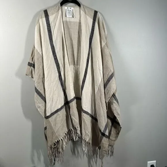 Three Dots tan beige window pane fringe trim wrap shawl blacker scarf