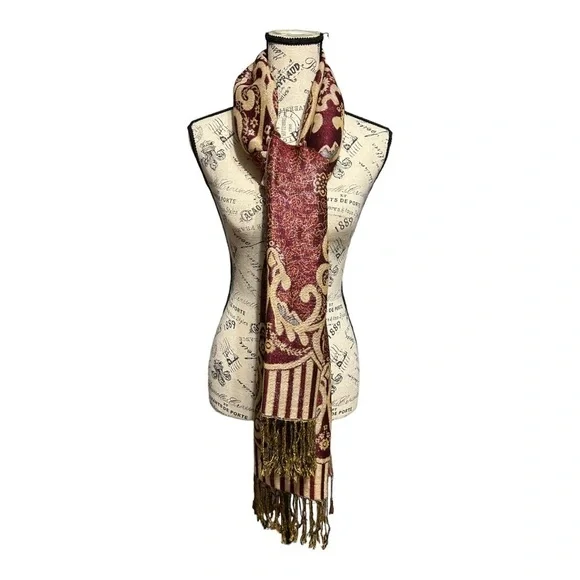 Pashmina Indie’s Fine Wool Scarf Burgundy Metallic Fringe Lightweight Neck Wrap