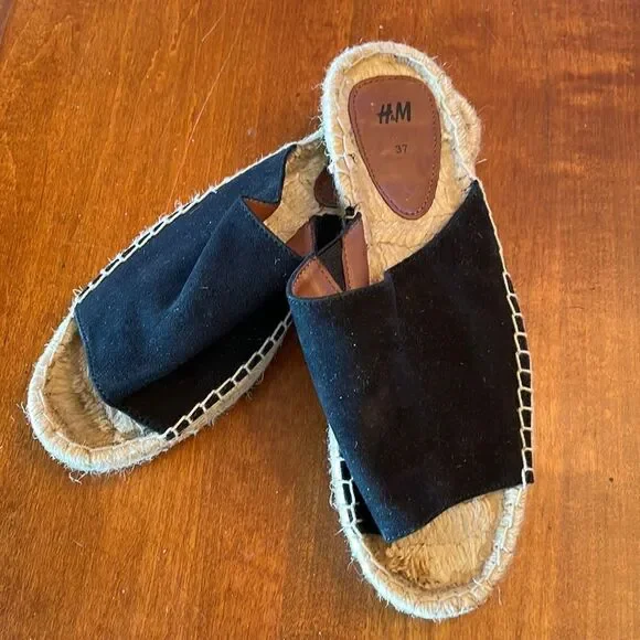 H&M Black Suede Espadrille Slides - Size 37