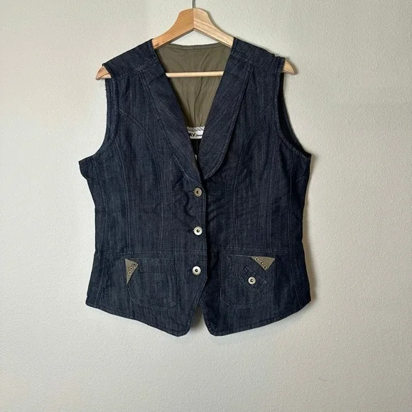 Vintage Y2K Dark Wash Denim Vest Utility Pockets Blue Womens Size 12 NWT